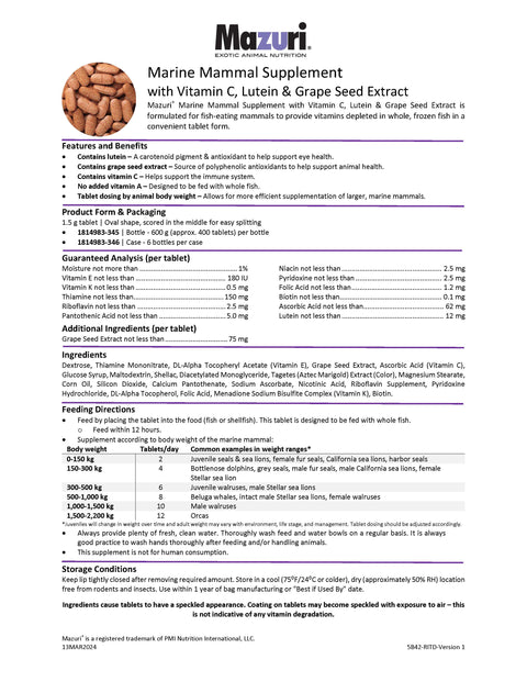 Mazuri Marine Mammal Supplement with Vitamin C, Lutein & Grape Seed Extract 5B42 - 6 Bottles Per Case