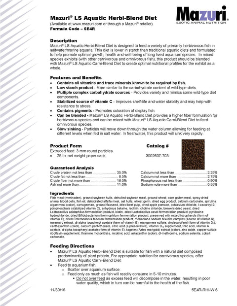 Mazuri LS Aquatic Herbi-Blend Diet 5E4R - 25lb