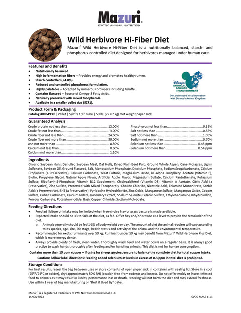 Mazuri Wild Herbivore Hi-Fiber Diet 5V05 - 50lb