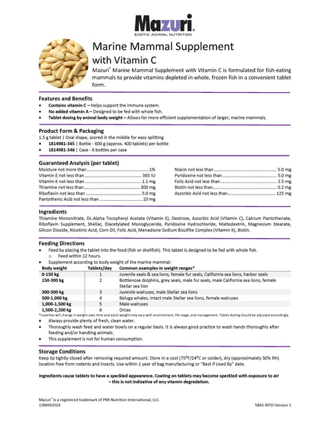 Mazuri Marine Mammal Supplement with Vitamin C 5B41 - 6 Bottle Per Case
