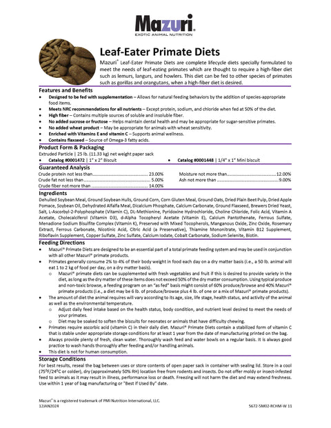 Mazuri Leaf-Eater Primate Diet - Biscuit 5M02 - 25lb
