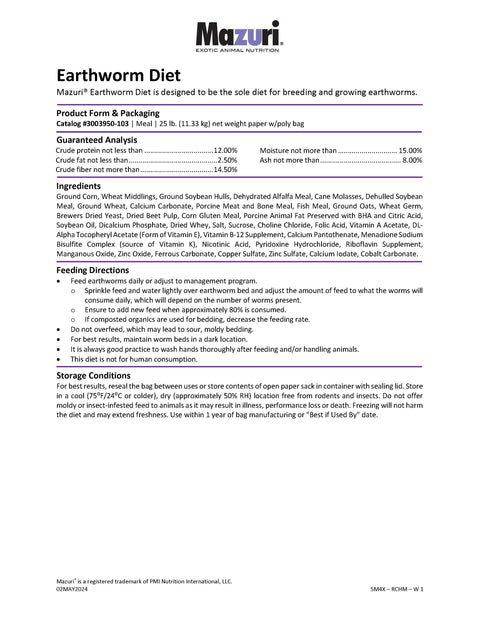 Mazuri Earthworm Diet 5M4X - 25lb