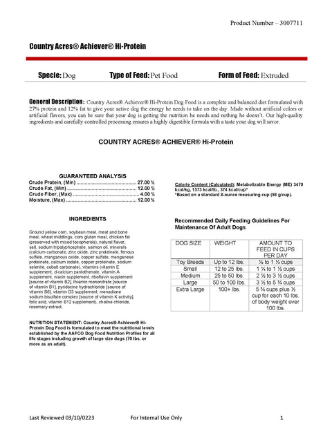 Country Acres Achiever Hi-Protein Dog Food 472R - 50lb
