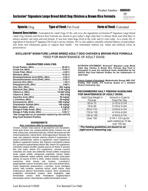 Exclusive Signature Large Breed Adult Dog Chicken & Brown Rice 4718 - 30lb