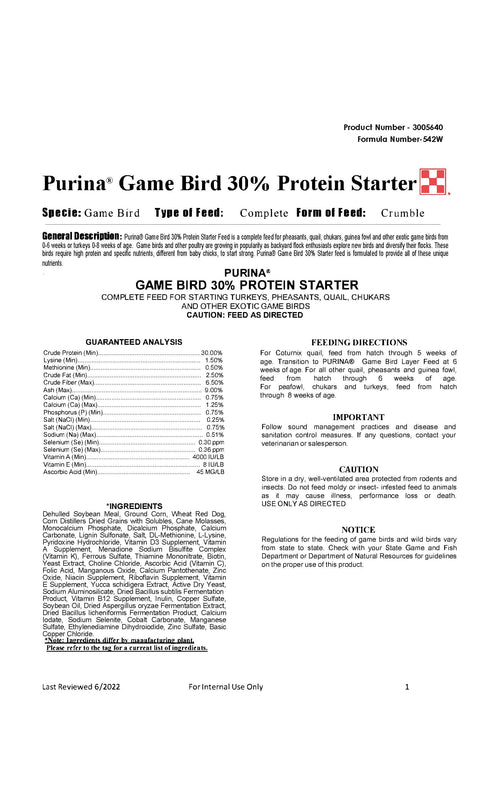 Purina Game Bird 30 Starter 542W - 40lb
