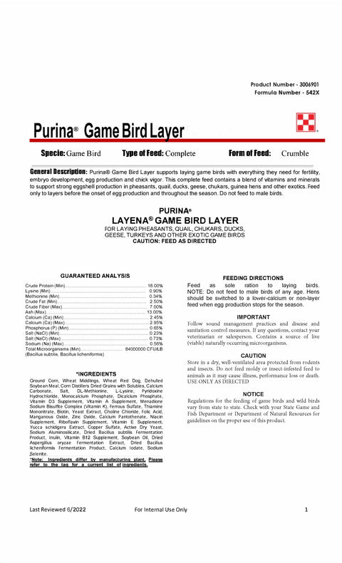 Purina Game Bird Layer 542X - 40lb
