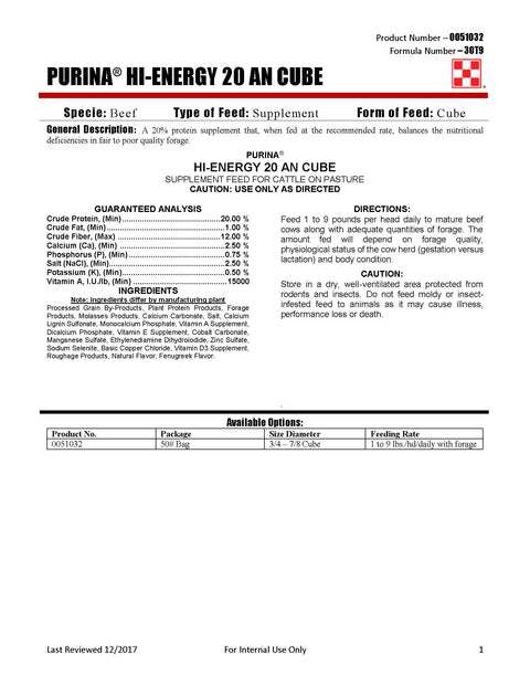 Purina Hi-Energy 20 AN Cube 30T9 - 50lb