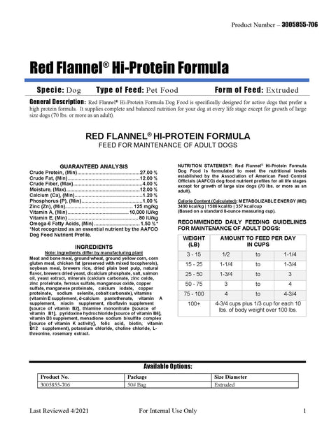 Red Flannel Hi-Protein Formula Dog Food 473D - 50lb