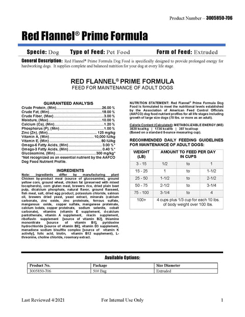 Red Flannel Prime Formula Dog Food 4738 - 50lb