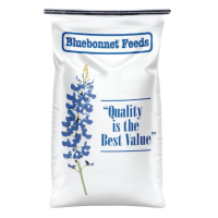 Bluebonnet Limited Allergy-Friendly Forage Companion. Blue and white 50-lb bag feed bag.