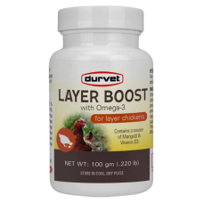 Durvet Layer Boost with Omega-3. White bottle.