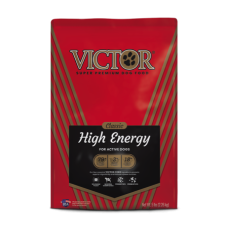 Victor Pet Food-High Energy. Red 50-lb dog food bag.