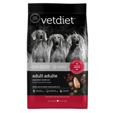 Vetdiet Adult Large Breed Dry Dog Food. Red and black feed bag.