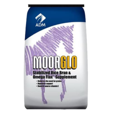 ADM Moorglo equine feed supplement. Blue and white feed bag.