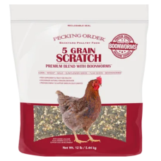 Pecking Order 5 Grain Scratch with Boonworms. Red and white bag.