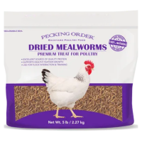 Pecking Order Dried Mealworms. Purple and white bag.