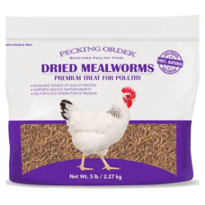 Pecking Order Dried Mealworms. Purple and white bag.