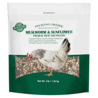 Pecking Order Mealworm & Sunflower Blend. Green and white bag.